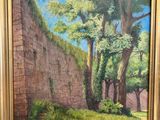 an oil painting of a stone wall with trees in the foreground