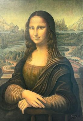 a painting of a woman with long hair sitting in front of a painting of a landscape