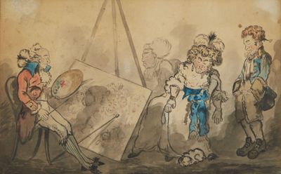 dessin représentant un groupe de personnes rassemblées autour d'un tableau posé sur un chevalet