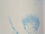 drawing of a woman holding a hair brush and comb in her hand