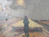 a painting of a man walking down the road with a dog