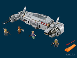 a lego model of a space ship with people standing around it