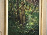 une peinture à l'huile représentant une femme nue dans un environnement boisé