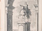 un vieux dessin représentant une statue d'un homme à cheval devant un arc