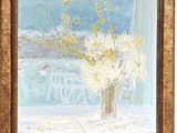 painting of a vase of yellow flowers on a table with a window in the background