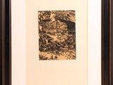 a black and white drawing of a bird in a tree