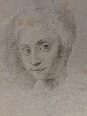 "Visage de femme". Crayon noir et rehauts de craie blanche s…
