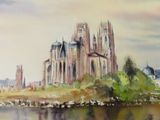 a watercolor painting of a church on the shore of a river