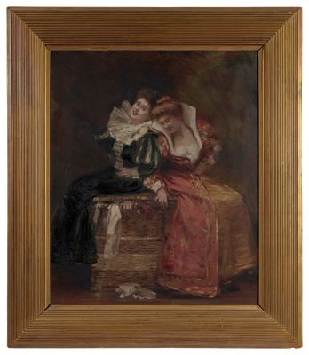 une image représentant un tableau où l'on voit deux femmes assises sur une caisse