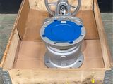 a metal toilet with a blue seat on a pallet
