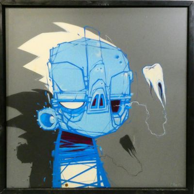 painting of a blue robot with a toothbrush and toothpaste