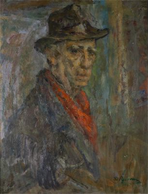 une peinture à l'huile représentant un homme portant un chapeau et une écharpe
