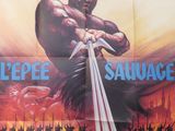 une vieille affiche de cinéma représentant un homme tenant une épée devant un coucher de soleil