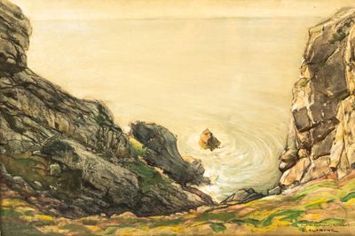 un tableau représentant un homme debout sur une falaise au bord de l'eau