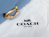the coach bag is blue and white with a gold handle
