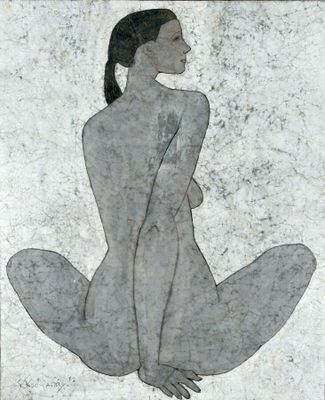 an image of a painting of a woman sitting on the ground