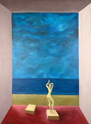 un tableau représentant une femme debout sur une estrade dans une pièce