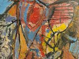 an abstract painting of a man with a guitar in a room
