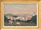 an image of a painting of a village with a church in the distance