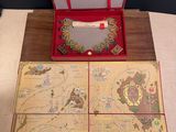 a red box with a map on it sitting on a table