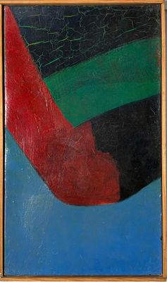 a painting of a red, black, and green bird on a blue background