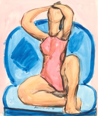 painting of a woman in a pink swimsuit sitting on a blue chair