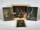 painting of a still life of a teapot, a teapot, a teapot, and a plate of fruit on a table