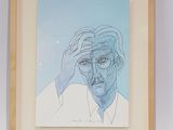 painting of a man with glasses holding his head in front of a blue background