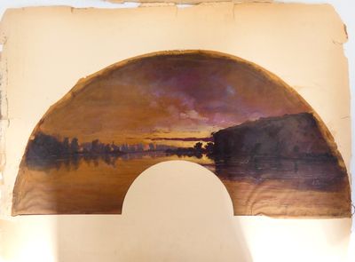 tableau représentant un coucher de soleil sur un plan d'eau, avec un pont au loin