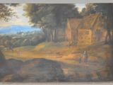 painting of a village scene with a man and a woman in the foreground