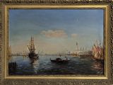 painting of a harbor scene with ships in the water and a city in the distance