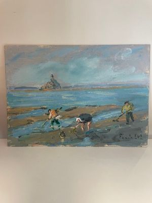 tableau représentant deux canards sur une plage au bord d'un plan d'eau
