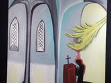 un tableau représentant une femme assise dans une église