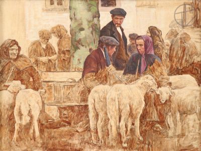 a painting of a group of people with sheep