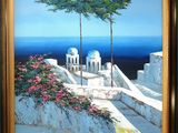 an oil painting of a view of the ocean from a balcony