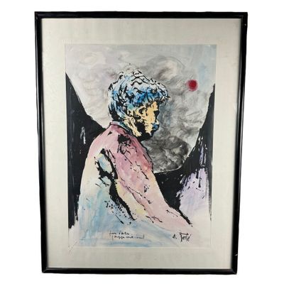 an image of a painting of a man with a red ball in the background
