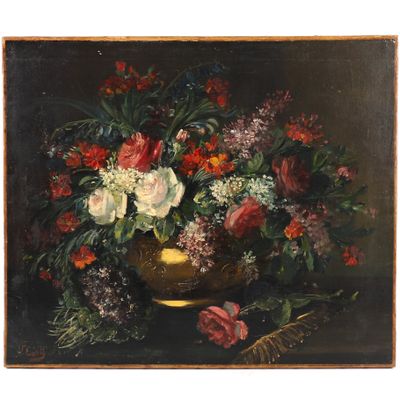 tableau représentant des fleurs dans un vase doré sur fond noir