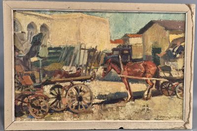 an oil painting of a horse pulling a wagon with a man on it