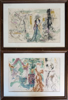 two framed paintings of people and a dog in a room