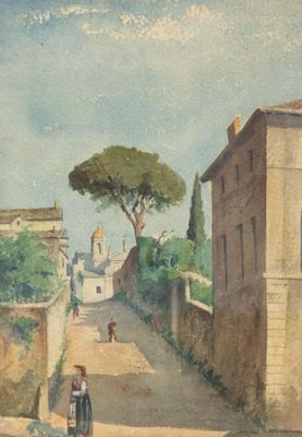 a painting of a woman walking down a street