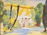 an image of a painting of a house in the middle of a park