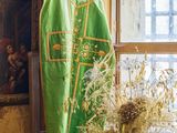 un gilet vert accroché au mur, à côté d'un vase de fleurs