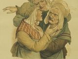 an old drawing of a woman hugging a man and a child