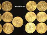 a close up of a bunch of gold coins sitting on top of a table