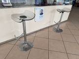 two stools that are sitting in front of a counter