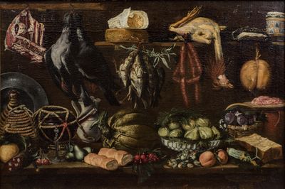 a painting of a still life with a bird on a table