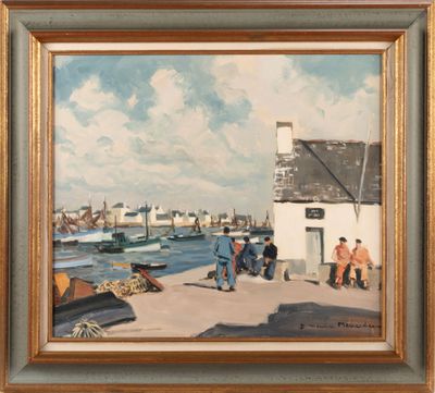 an oil painting of a group of people standing on a pier