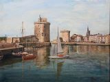 peinture de bateaux dans un port avec un château en arrière-plan