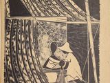 une image représentant un dessin en noir et blanc d'une femme assise à une table