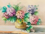 a painting of flowers in a vase on a table